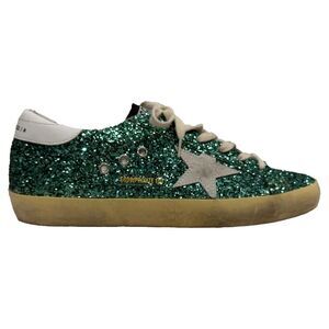 Golden Goose Superstar Distressed Suede-Trimmed Sneakers In Green Glitter